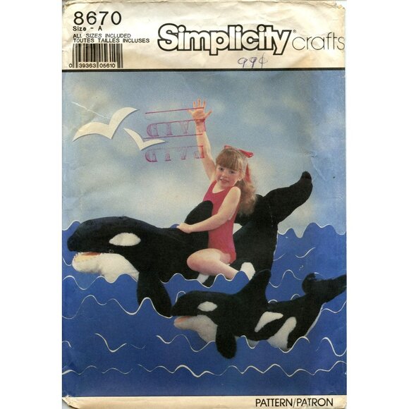 Simplicity Crafts 8670 Sewing Pattern For Stuffed Orca Whales - Size A Uncut - Picture 1 of 4